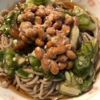 納豆オクラなめこ冷やしぶっかけ蕎麦⭐